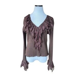 Vintage Andrea Rosati Lace Ruffle Crinkle Top Brown Forest Fairy Whimsygoth Boho